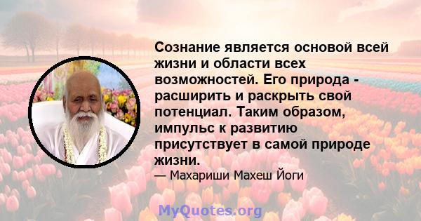 Сознание является основой всей жизни и области всех возможностей. Его природа - расширить и раскрыть свой потенциал. Таким образом, импульс к развитию присутствует в самой природе жизни.