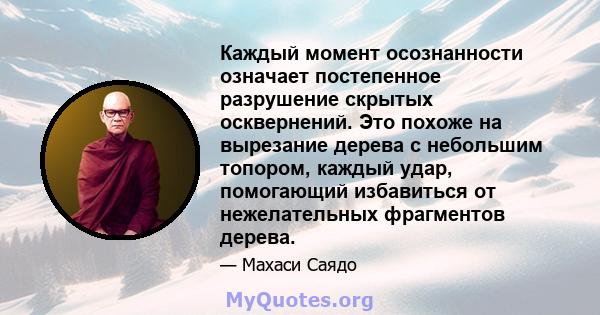 Каждый момент осознанности означает постепенное разрушение скрытых осквернений. Это похоже на вырезание дерева с небольшим топором, каждый удар, помогающий избавиться от нежелательных фрагментов дерева.