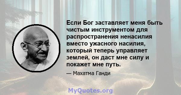 Если Бог заставляет меня быть чистым инструментом для распространения ненасилия вместо ужасного насилия, который теперь управляет землей, он даст мне силу и покажет мне путь.