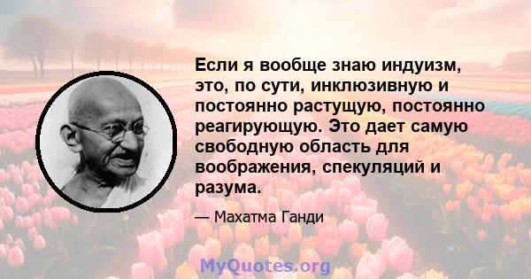 Если я вообще знаю индуизм, это, по сути, инклюзивную и постоянно растущую, постоянно реагирующую. Это дает самую свободную область для воображения, спекуляций и разума.