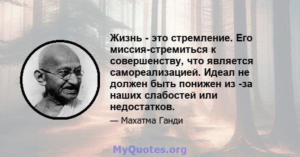 Жизнь - это стремление. Его миссия-стремиться к совершенству, что является самореализацией. Идеал не должен быть понижен из -за наших слабостей или недостатков.