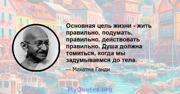 Основная цель жизни - жить правильно, подумать, правильно, действовать правильно. Душа должна томиться, когда мы задумываемся до тела.