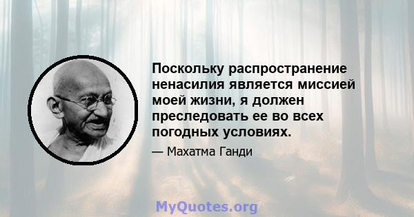 Поскольку распространение ненасилия является миссией моей жизни, я должен преследовать ее во всех погодных условиях.