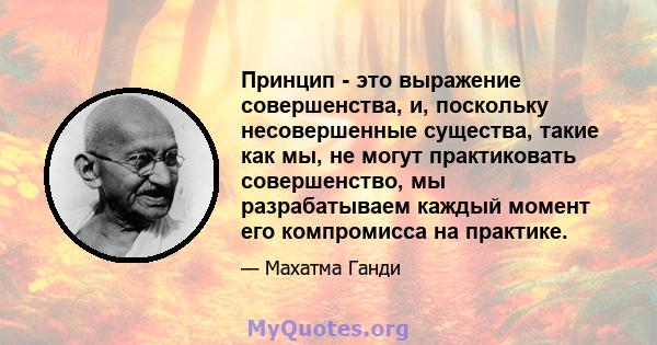 Принцип - это выражение совершенства, и, поскольку несовершенные существа, такие как мы, не могут практиковать совершенство, мы разрабатываем каждый момент его компромисса на практике.