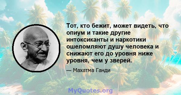 Тот, кто бежит, может видеть, что опиум и такие другие интоксиканты и наркотики ошеломляют душу человека и снижают его до уровня ниже уровня, чем у зверей.