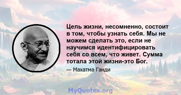 Цель жизни, несомненно, состоит в том, чтобы узнать себя. Мы не можем сделать это, если не научимся идентифицировать себя со всем, что живет. Сумма тотала этой жизни-это Бог.