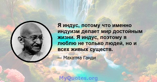 Я индус, потому что именно индуизм делает мир достойным жизни. Я индус, поэтому я люблю не только людей, но и всех живых существ.