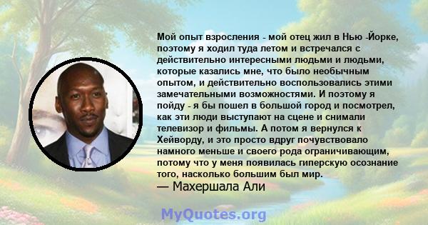 Мой опыт взросления - мой отец жил в Нью -Йорке, поэтому я ходил туда летом и встречался с действительно интересными людьми и людьми, которые казались мне, что было необычным опытом, и действительно воспользовались