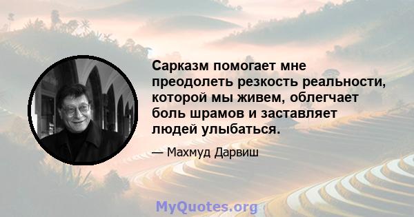 Сарказм помогает мне преодолеть резкость реальности, которой мы живем, облегчает боль шрамов и заставляет людей улыбаться.