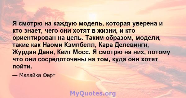 Я смотрю на каждую модель, которая уверена и кто знает, чего они хотят в жизни, и кто ориентирован на цель. Таким образом, модели, такие как Наоми Кэмпбелл, Кара Делевингн, Журдан Данн, Кейт Мосс. Я смотрю на них,