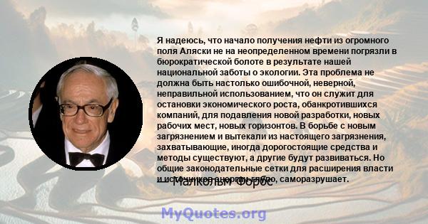 Я надеюсь, что начало получения нефти из огромного поля Аляски не на неопределенном времени погрязли в бюрократической болоте в результате нашей национальной заботы о экологии. Эта проблема не должна быть настолько