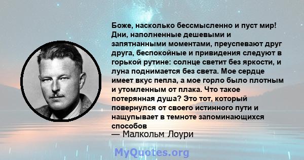 Боже, насколько бессмысленно и пуст мир! Дни, наполненные дешевыми и запятнанными моментами, преуспевают друг друга, беспокойные и привидения следуют в горькой рутине: солнце светит без яркости, и луна поднимается без