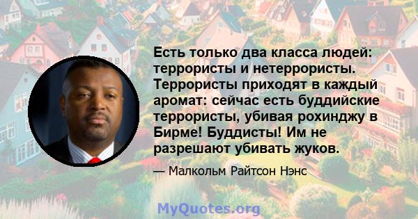 Есть только два класса людей: террористы и нетеррористы. Террористы приходят в каждый аромат: сейчас есть буддийские террористы, убивая рохинджу в Бирме! Буддисты! Им не разрешают убивать жуков.