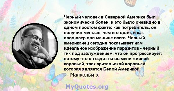 Черный человек в Северной Америке был экономически болен, и это было очевидно в одном простом факте: как потребитель, он получил меньше, чем его доля, и как продюсер дал меньше всего. Черный американец сегодня