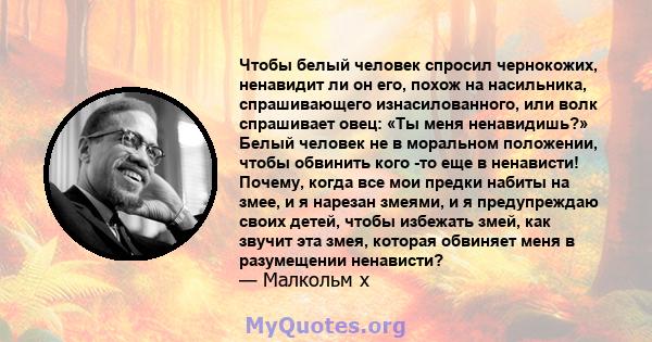 Чтобы белый человек спросил чернокожих, ненавидит ли он его, похож на насильника, спрашивающего изнасилованного, или волк спрашивает овец: «Ты меня ненавидишь?» Белый человек не в моральном положении, чтобы обвинить