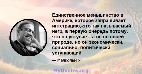 Единственное меньшинство в Америке, которое запрашивает интеграцию,-это так называемый негр, в первую очередь потому, что он уступает, а не по своей природе, но он экономически, социально, политически уступающий.