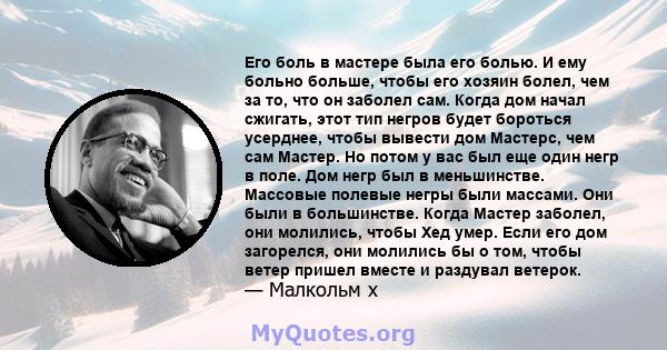 Его боль в мастере была его болью. И ему больно больше, чтобы его хозяин болел, чем за то, что он заболел сам. Когда дом начал сжигать, этот тип негров будет бороться усерднее, чтобы вывести дом Мастерс, чем сам Мастер. 