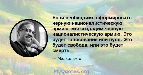 Если необходимо сформировать черную националистическую армию, мы создадим черную националистическую армию. Это будет голосование или пуля. Это будет свобода, или это будет смерть.