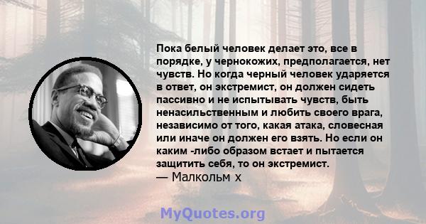 Пока белый человек делает это, все в порядке, у чернокожих, предполагается, нет чувств. Но когда черный человек ударяется в ответ, он экстремист, он должен сидеть пассивно и не испытывать чувств, быть ненасильственным и 