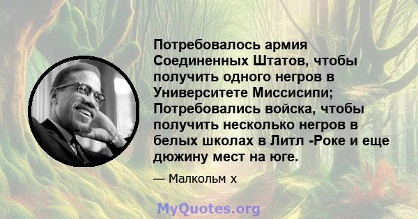 Потребовалось армия Соединенных Штатов, чтобы получить одного негров в Университете Миссисипи; Потребовались войска, чтобы получить несколько негров в белых школах в Литл -Роке и еще дюжину мест на юге.