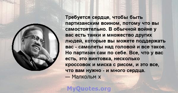 Требуется сердце, чтобы быть партизанским воином, потому что вы самостоятельно. В обычной войне у вас есть танки и множество других людей, которые вы можете поддержать вас - самолеты над головой и все такое. Но партизан 