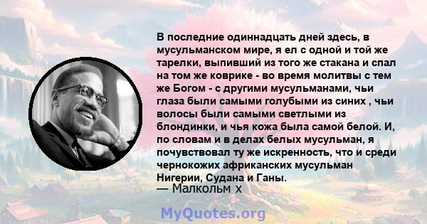 В последние одиннадцать дней здесь, в мусульманском мире, я ел с одной и той же тарелки, выпивший из того же стакана и спал на том же коврике - во время молитвы с тем же Богом - с другими мусульманами, чьи глаза были