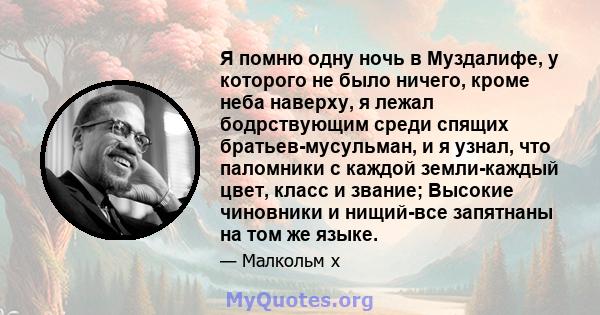 Я помню одну ночь в Муздалифе, у которого не было ничего, кроме неба наверху, я лежал бодрствующим среди спящих братьев-мусульман, и я узнал, что паломники с каждой земли-каждый цвет, класс и звание; Высокие чиновники и 