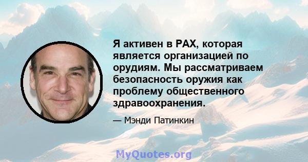 Я активен в PAX, которая является организацией по орудиям. Мы рассматриваем безопасность оружия как проблему общественного здравоохранения.