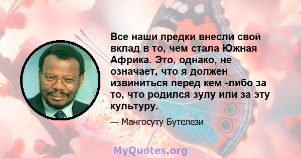 Все наши предки внесли свой вклад в то, чем стала Южная Африка. Это, однако, не означает, что я должен извиниться перед кем -либо за то, что родился зулу или за эту культуру.