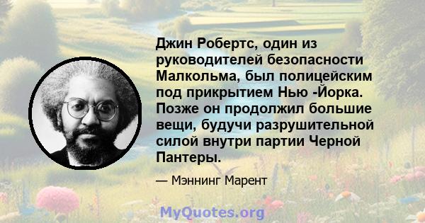 Джин Робертс, один из руководителей безопасности Малкольма, был полицейским под прикрытием Нью -Йорка. Позже он продолжил большие вещи, будучи разрушительной силой внутри партии Черной Пантеры.