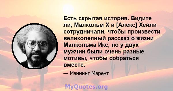 Есть скрытая история. Видите ли, Малкольм X и [Алекс] Хейли сотрудничали, чтобы произвести великолепный рассказ о жизни Малкольма Икс, но у двух мужчин были очень разные мотивы, чтобы собраться вместе.