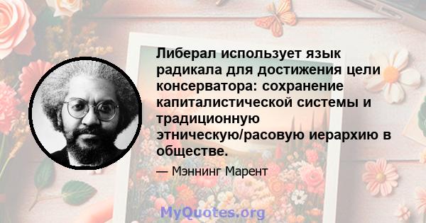 Либерал использует язык радикала для достижения цели консерватора: сохранение капиталистической системы и традиционную этническую/расовую иерархию в обществе.