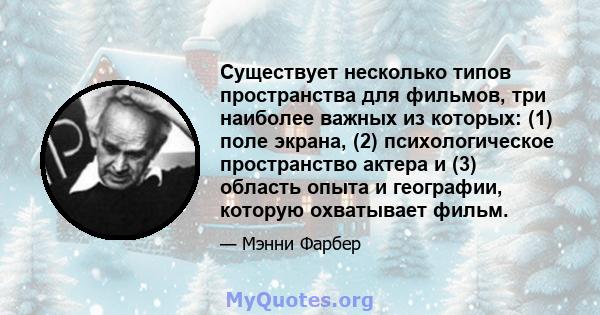 Существует несколько типов пространства для фильмов, три наиболее важных из которых: (1) поле экрана, (2) психологическое пространство актера и (3) область опыта и географии, которую охватывает фильм.