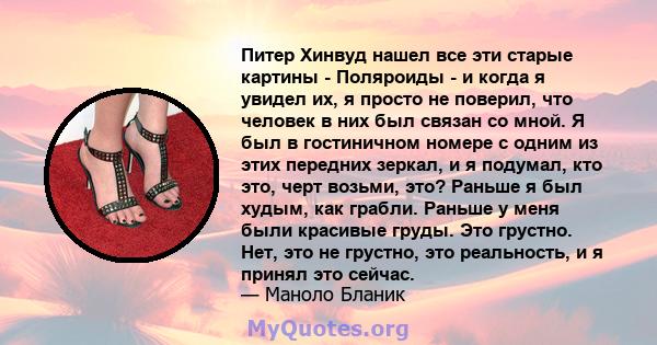 Питер Хинвуд нашел все эти старые картины - Поляроиды - и когда я увидел их, я просто не поверил, что человек в них был связан со мной. Я был в гостиничном номере с одним из этих передних зеркал, и я подумал, кто это,