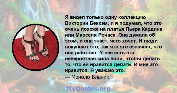 Я видел только одну коллекцию Виктории Бекхэм, и я подумал, что это очень похоже на платья Пьера Кардина или Марселя Рочаса. Она думала об этом, и она знает, чего хочет. И люди покупают это, так что это означает, что