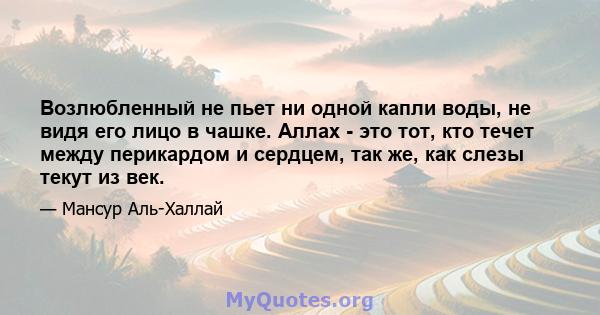 Возлюбленный не пьет ни одной капли воды, не видя его лицо в чашке. Аллах - это тот, кто течет между перикардом и сердцем, так же, как слезы текут из век.