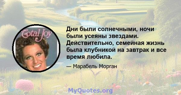 Дни были солнечными, ночи были усеяны звездами. Действительно, семейная жизнь была клубникой на завтрак и все время любила.