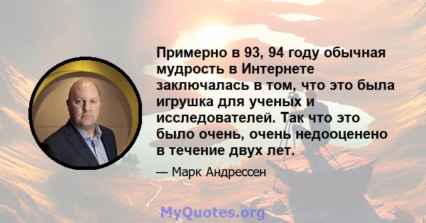 Примерно в 93, 94 году обычная мудрость в Интернете заключалась в том, что это была игрушка для ученых и исследователей. Так что это было очень, очень недооценено в течение двух лет.