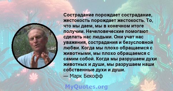 Сострадание порождает сострадание, жестокость порождает жестокость. То, что мы даем, мы в конечном итоге получим. Нечеловеческие помогают сделать нас людьми. Они учат нас уважения, сострадания и безусловной любви. Когда 