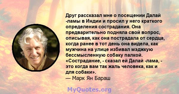 Друг рассказал мне о посещении Далай -ламы в Индии и просил у него краткого определения сострадания. Она предварительно подняла свой вопрос, описывая, как она пострадала от сердца, когда ранее в тот день она видела, как 