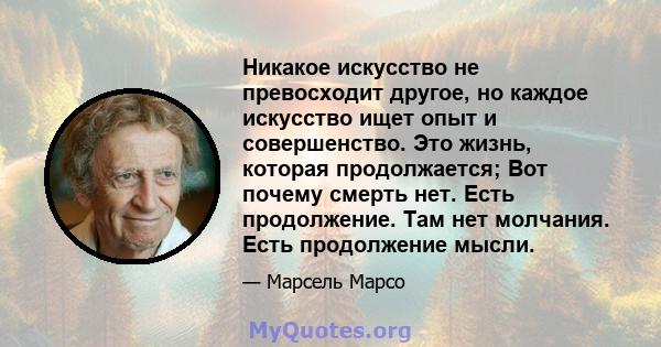 Никакое искусство не превосходит другое, но каждое искусство ищет опыт и совершенство. Это жизнь, которая продолжается; Вот почему смерть нет. Есть продолжение. Там нет молчания. Есть продолжение мысли.