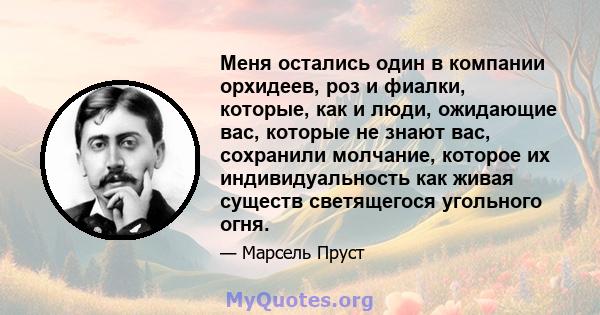 Меня остались один в компании орхидеев, роз и фиалки, которые, как и люди, ожидающие вас, которые не знают вас, сохранили молчание, которое их индивидуальность как живая существ светящегося угольного огня.