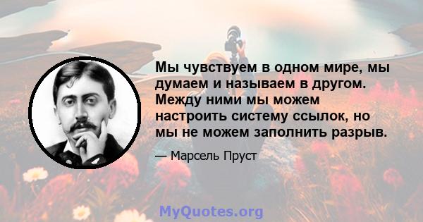 Мы чувствуем в одном мире, мы думаем и называем в другом. Между ними мы можем настроить систему ссылок, но мы не можем заполнить разрыв.