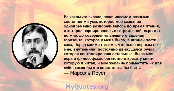 На каком -то экране, покачиваемом разными состояниями ума, которое мое сознание одновременно разворачивалось во время чтения, и которое варьировалось от стремлений, скрытых во мне, до совершенно внешнего видения