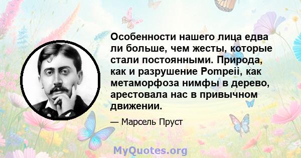 Особенности нашего лица едва ли больше, чем жесты, которые стали постоянными. Природа, как и разрушение Pompeii, как метаморфоза нимфы в дерево, арестовала нас в привычном движении.