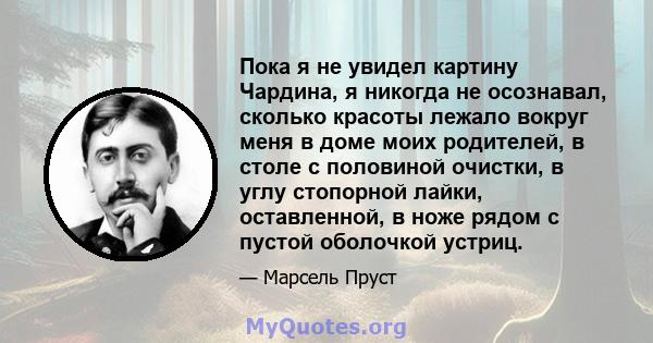 Пока я не увидел картину Чардина, я никогда не осознавал, сколько красоты лежало вокруг меня в доме моих родителей, в столе с половиной очистки, в углу стопорной лайки, оставленной, в ноже рядом с пустой оболочкой