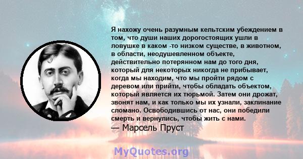 Я нахожу очень разумным кельтским убеждением в том, что души наших дорогостоящих ушли в ловушке в каком -то низком существе, в животном, в области, неодушевленном объекте, действительно потерянном нам до того дня,