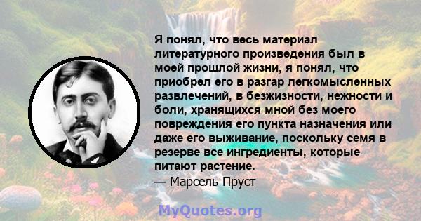 Я понял, что весь материал литературного произведения был в моей прошлой жизни, я понял, что приобрел его в разгар легкомысленных развлечений, в безжизности, нежности и боли, хранящихся мной без моего повреждения его