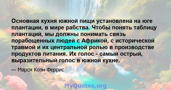 Основная кухня южной пищи установлена ​​на юге плантации, в мире рабства. Чтобы понять таблицу плантаций, мы должны понимать связь порабощенных людей с Африкой, с исторической травмой и их центральной ролью в