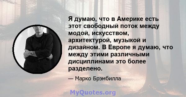 Я думаю, что в Америке есть этот свободный поток между модой, искусством, архитектурой, музыкой и дизайном. В Европе я думаю, что между этими различными дисциплинами это более разделено.